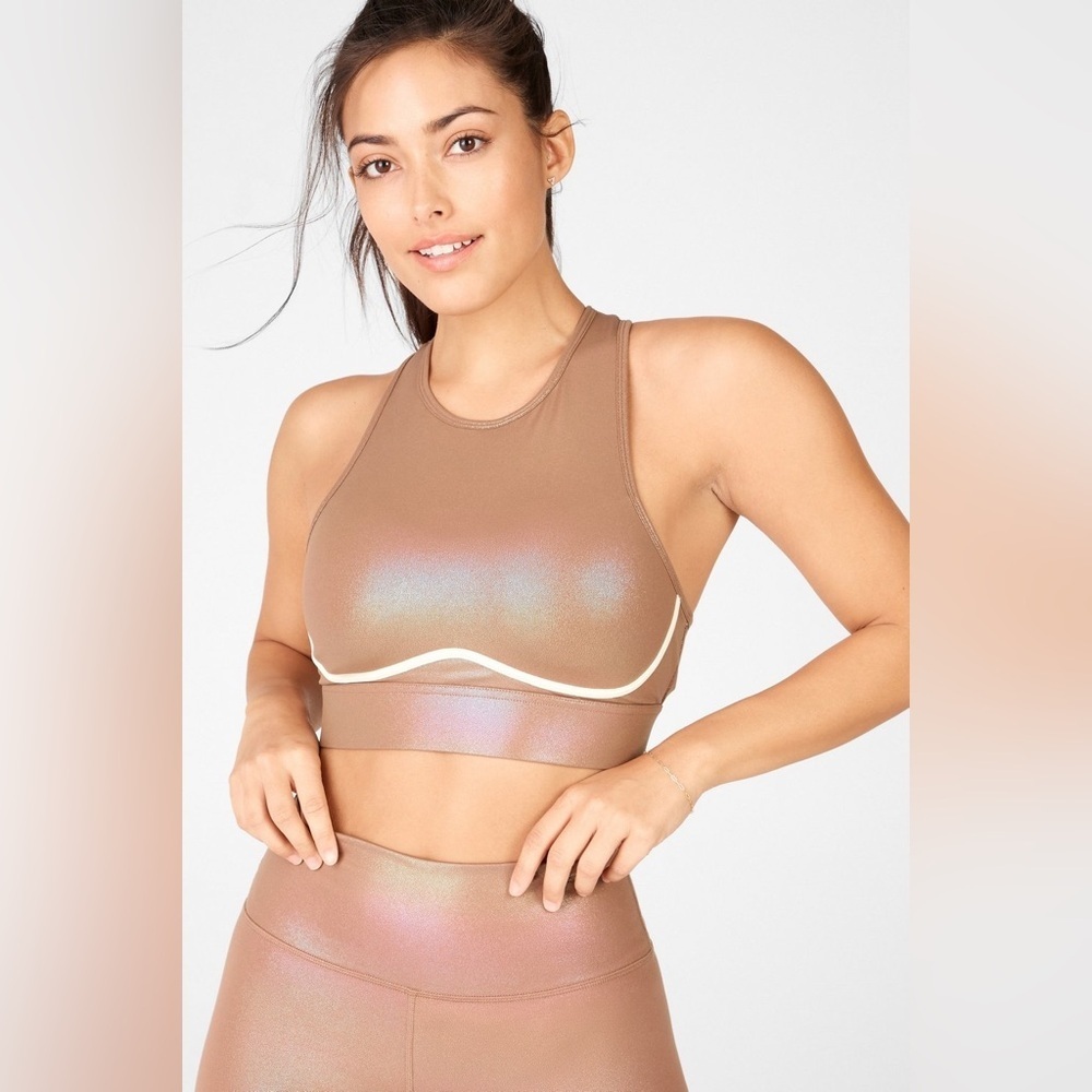 NWOT Fabletics Blare Cross Back Sports Bra Iridescent Mocha High Neck Sz Medium